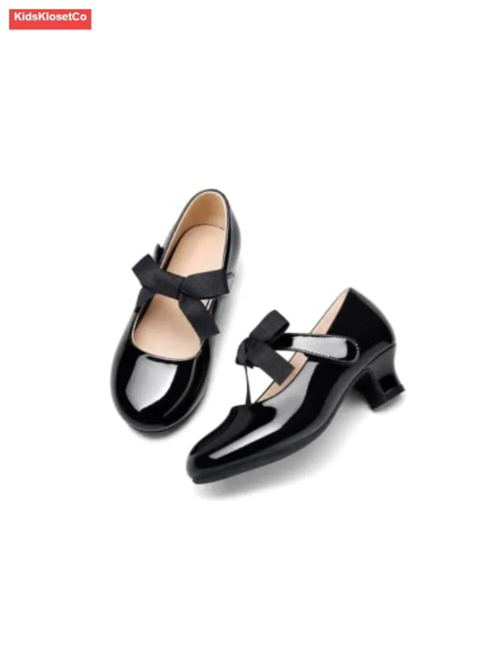 Girls Patent Faux Leather Mary Jane Low Heel Bow Dress Shoes